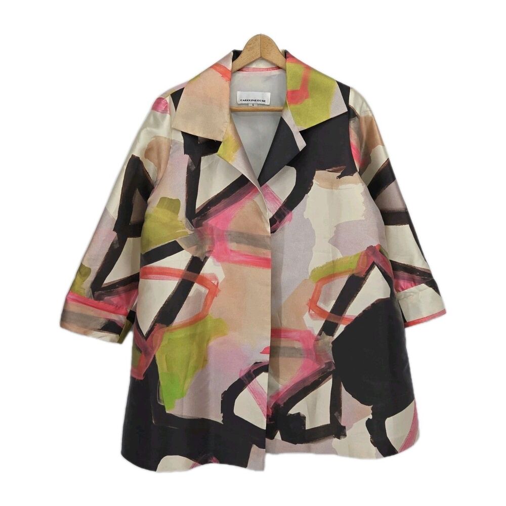 Caroline Rose Open Front Topper Jacket Silk Blend Abstract Art to Wear Small